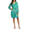 Tahari Asl Floral Print Faux Wrap Dress In Basil Blue Lime