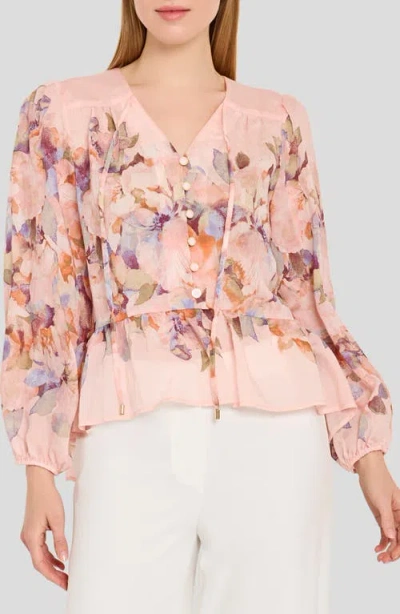 Tahari Asl Floral Print Peplum Chiffon Top In Multi