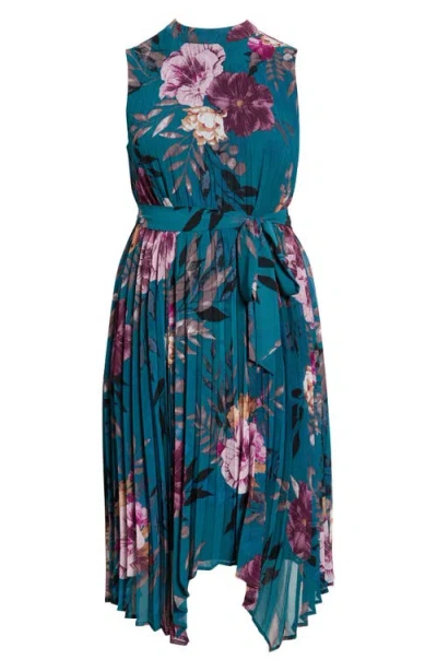 Tahari Asl Floral Print Pleated Sleeveless Asymmetric Midi Dress In Blue