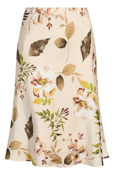 Tahari Asl Floral Print Satin Midi Skirt In Neutral