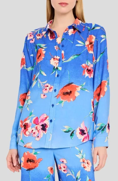 Tahari Asl Floral Print Shirt In Blue