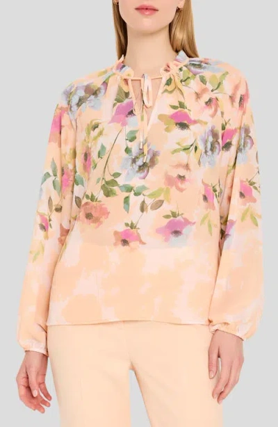 Tahari Asl Floral Print Tie Neck Top In Multi