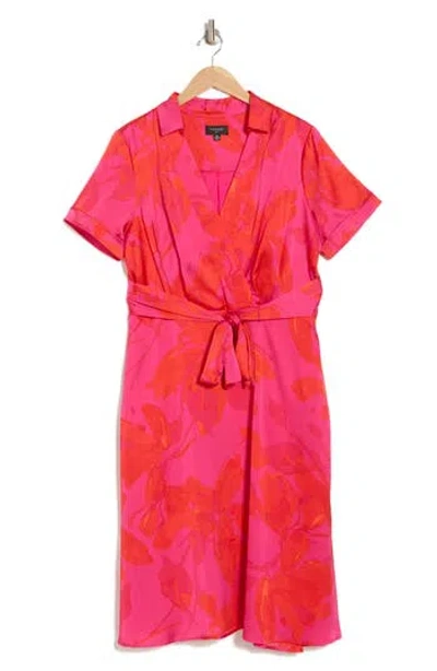Tahari Asl Floral Print Wrap Dress In Tomato Hot Pink