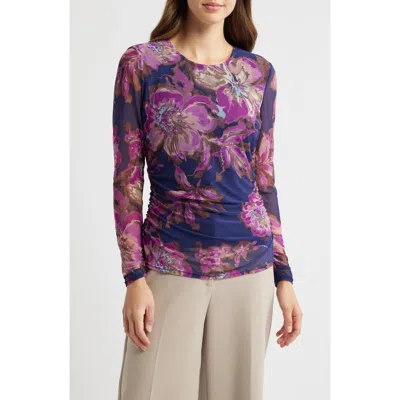 Tahari Asl Floral Ruched Mesh Top In Indigo Multi