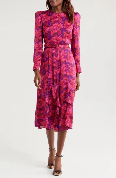 Tahari Asl Floral Ruffle Detail Long Sleeve Midi Dress In Violet Rose