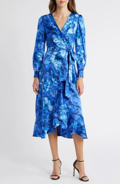 Tahari Asl Floral Ruffle Tie Waist Long Sleeve Midi Dress In Cobalt Multi