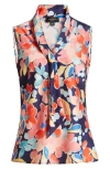 Tahari Asl Plus Size Sailor Tie-neck Sleeveless Blouse In Navy Coral Floral
