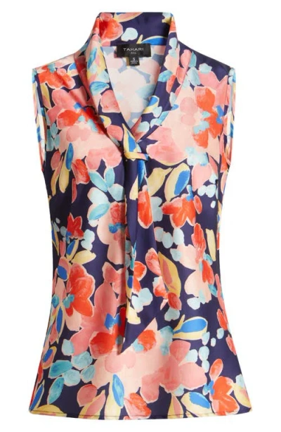 TAHARI ASL TAHARI ASL FLORAL SAILOR TIE NECK SLEEVELESS TOP