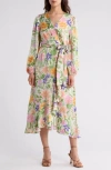 Tahari Asl Floral Print Tie Waist Long Sleeve Faux Wrap Midi Dress In Floral Multi