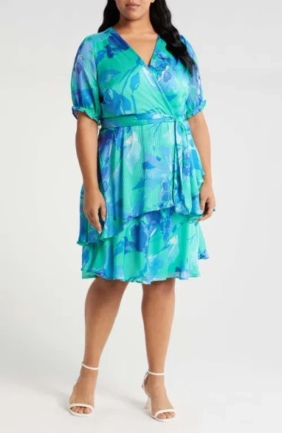 Tahari Asl Floral Shadow Stripe Satin Dress In Multi Blue