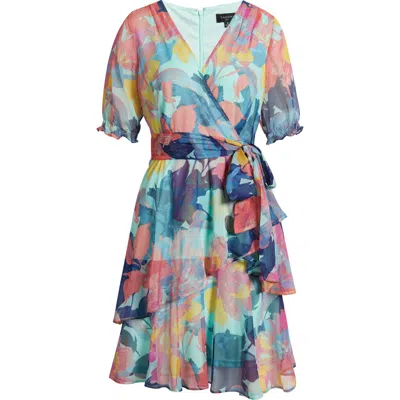 Tahari Asl Floral Shadow Stripe Short Sleeve Faux Wrap Dress