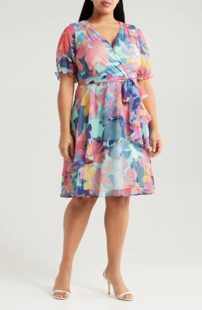 Tahari Asl Floral Shadow Stripe Short Sleeve Faux Wrap Dress In Seafoam Multi