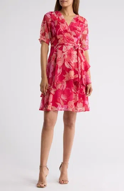 Tahari Asl Floral Short Sleeve Faux Wrap Dress In Red