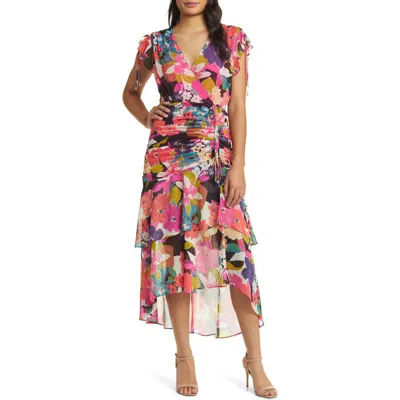 Tahari Asl Floral Side Ruched Chiffon Midi Dress In Coral/blue Multi