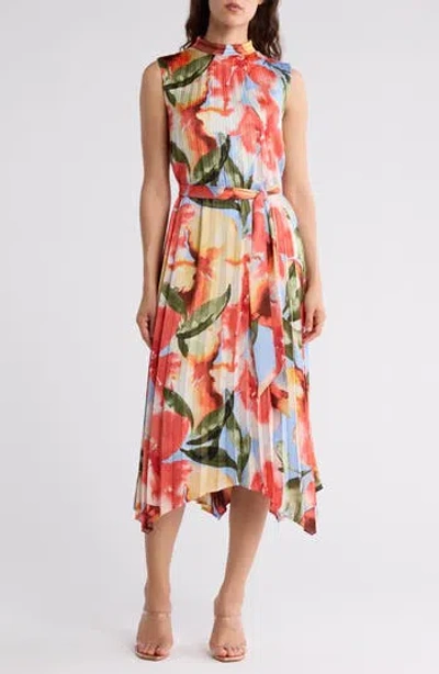 Tahari Asl Floral Sleeveless Pleated Trapeze Dress In Olive Floral