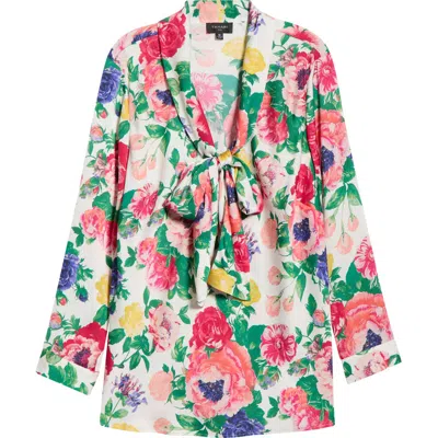 Tahari Asl Floral Tie Neck Satin Top In Multi