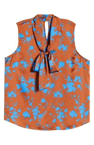 Tahari Asl Floral Tie Neck Sleeveless Top In Cognac,new Royal Multi