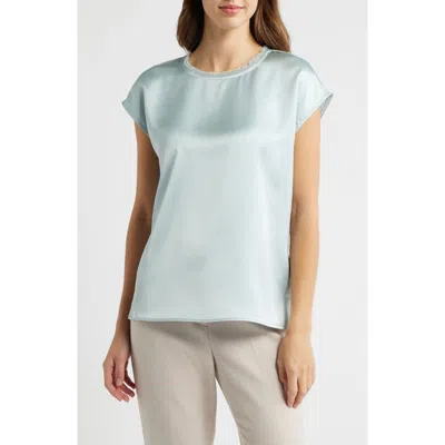 Tahari Asl Fringe Neck Satin Top In Dusty Aqua