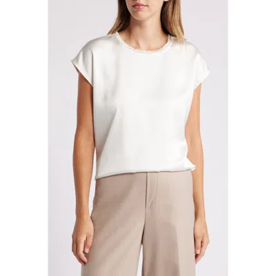 Tahari Asl Fringe Neck Satin Top In Ivory