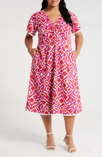Tahari Asl Geo Print Midi Dress In Wild Berry