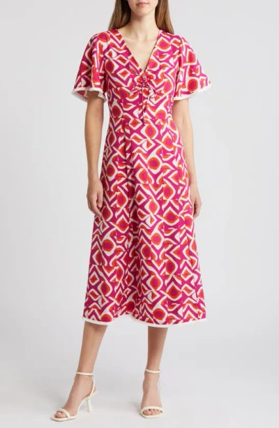 Tahari Asl Geo Print Midi Dress In Wild Berry