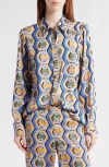 Tahari Asl Geo Print Satin Button-up Shirt In Blue Chains