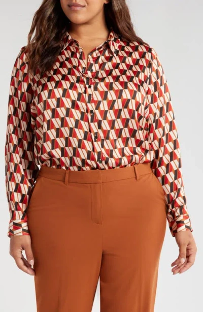 Tahari Asl Geo Print Satin Button-up Shirt In Multi
