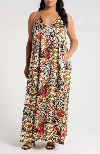 Tahari Asl Geometric Print Charmeuse Halter Maxi Dress In Neutral