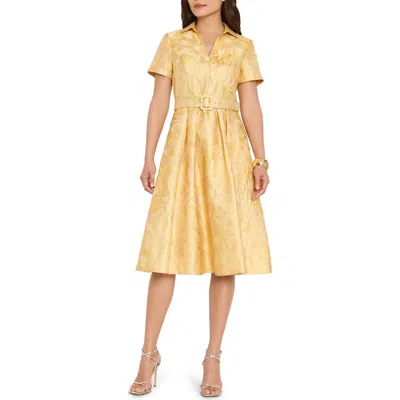 Tahari Asl Jacquard Belted Flared Dress In Yellow