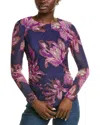 Tahari Asl Floral Ruched Mesh Top In Purple