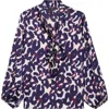 Tahari Asl Leopard Print Bow Neck Satin Top In Blue
