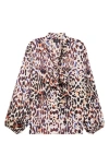 Tahari Asl Leopard Print Bow Neck Satin Top In Multi