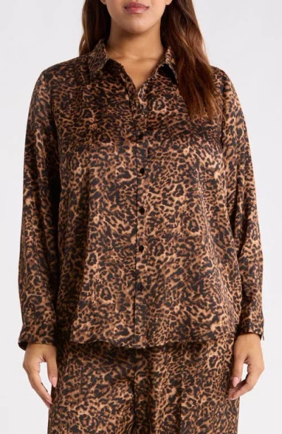 Tahari Asl Leopard Print Long Sleeve Button Front Shirt In Walnut Black Leopard