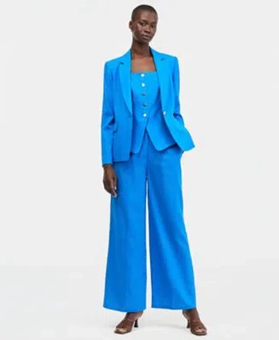 Tahari Asl Linen Blend Single Button Blazer Spaghetti Strap Vest Wide Leg Pants In Blue