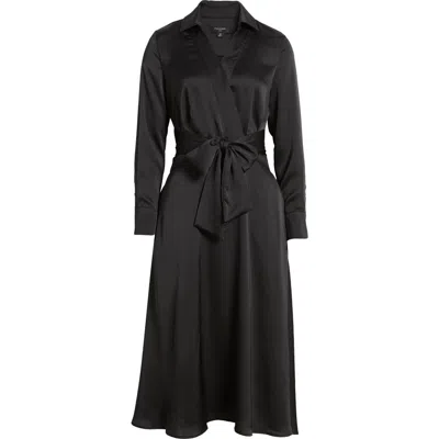 Tahari Asl Long Sleeve Hammered Satin Wrap Front Shirtdress In Black