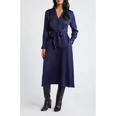 Tahari Asl Long Sleeve Hammered Satin Wrap Front Shirtdress In Navy
