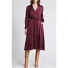 Tahari Asl Long Sleeve Hammered Satin Wrap Front Shirtdress In Wine