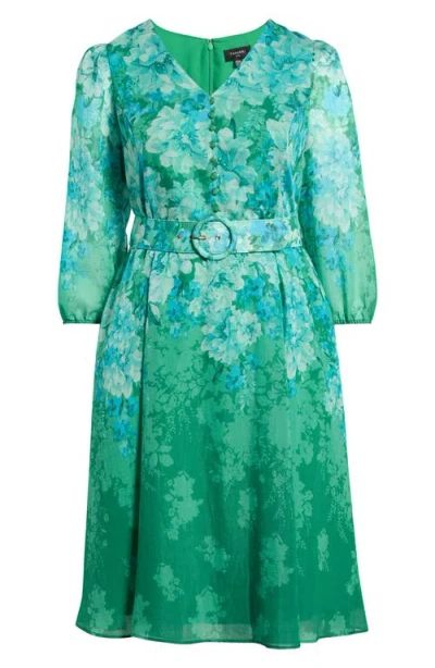Tahari Asl Plus Size Printed Long-sleeve Belted Dress In Multi