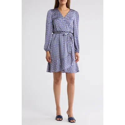 Tahari Asl Long Sleeve Satin Wrap Dress In Blue