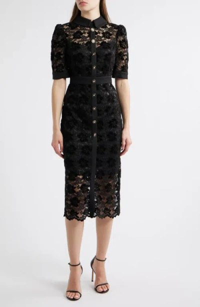 Tahari Asl Metallic Lace Midi Shirtdress In Black