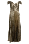 Tahari Asl Metallic Off The Shoulder Pleated Gown In Gold