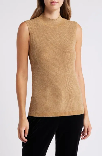 Tahari Asl Women's Metallic-knit Mock Neck Sleeveless Top In Camel Gold