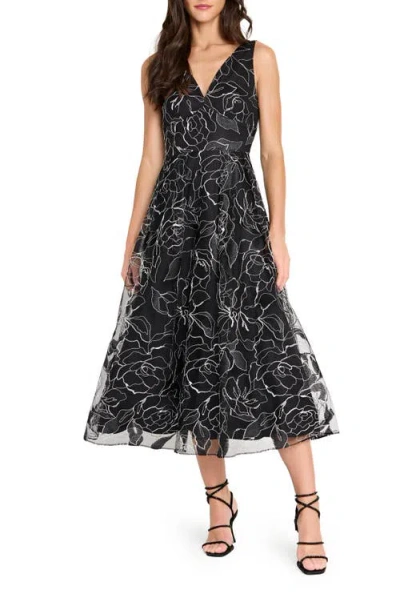 Tahari Asl Metallic Soutache Floral Lace Cocktail Midi Dress In Multi