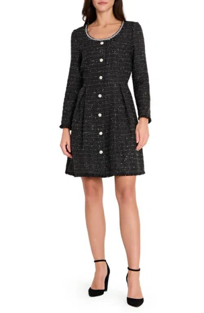 Tahari Asl Metallic Tweed Long Sleeve Dress In Black