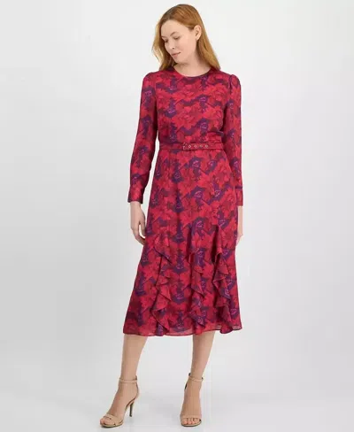 Tahari Asl Midi Dress Women Violet Rose Cascading Ruffle Belted Waist Fts1488 In Red
