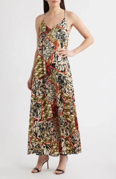 Tahari Asl Mixed Print Satin Charmeuse Maxi Dress In Brown