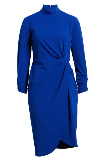 Tahari Asl Mock Neck Side Twist Sheath Dress In Blue