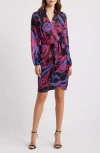Tahari Asl Paisley Side Drape Long Sleeve Satin Dress In Black Paisley