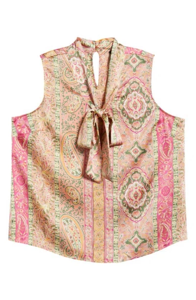 Tahari Asl Plus Size Printed Sleeveless Bow Blouse In Olive Peach