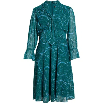 Tahari Asl Paisley Tie Neck Long Sleeve Midi Dress In Blue